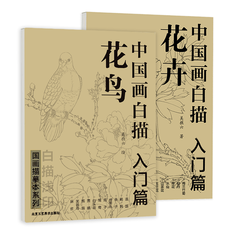 中国画白描 花卉+花鸟全2册+毛笔墨水墨碟3件套白描画谱底稿工笔画 画画零基础白描入门自学国画临摹画册书籍教材技法教程绘画描摹