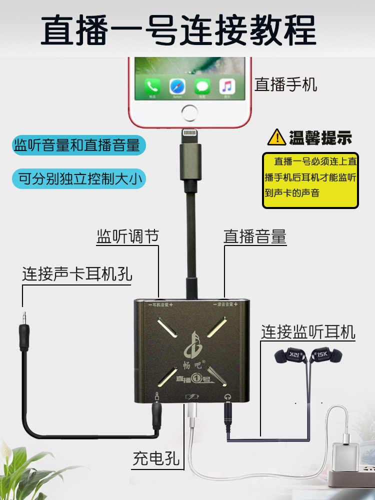 畅吧直播一号声卡转换器苹果安卓唱吧手机直播1号转接头外置唱歌V8直播声卡设备全套通用手机电脑专用套装